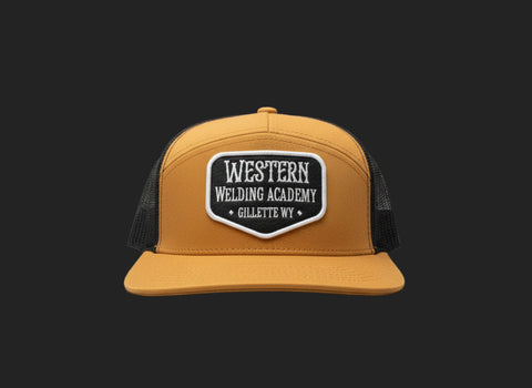Brown 7 Panel Western Welding Academy Hat With Spade Patch